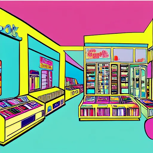 Prompt: inside of a record shop, 1960s saturday morning cartoon background, bright pastel colors