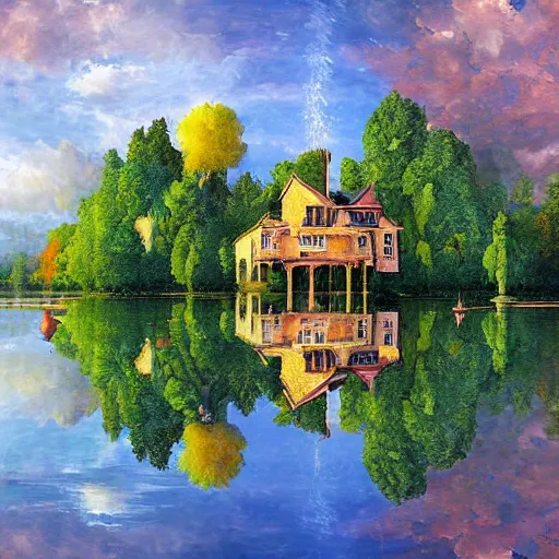 Prompt: lake photograph mansion digital art fantasy ornate depth of field nature photography by m. c. escher, leonid afremov, greg rutkowski, tim white, john howe, rob gonsalves, moebius, benoit mandelbrot