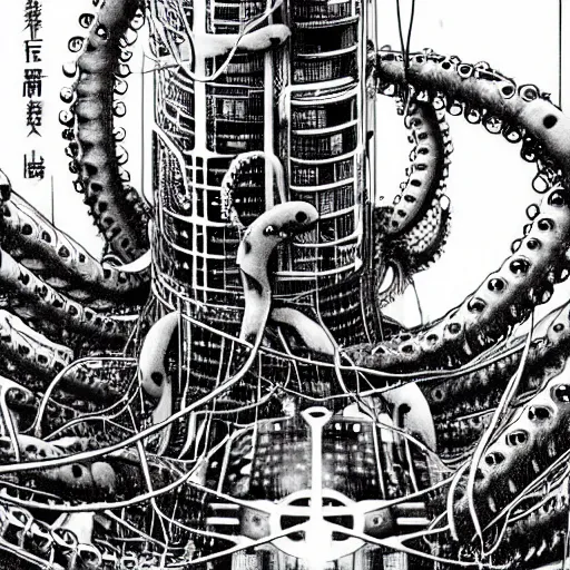 Image similar to sad biological androids with tentacles, through a huge cybernetic megastructure multi - level metropolis in space, black and white, by nihei tsutomu