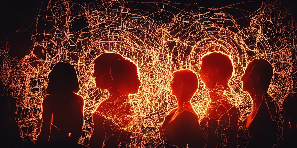 Image similar to love, double exposure groups of people with glowing bodies, from behind, rebirth, wide angle, cinematic atmosphere, elaborate wires, highly detailed, vivid colors, dramatic lighting