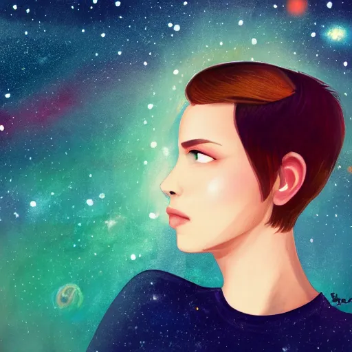 Image similar to a photo of a young woman with short brown hair, green eyes, beautiful trees in the background, night sky with multicolor stars and galaxies, trending on artstation