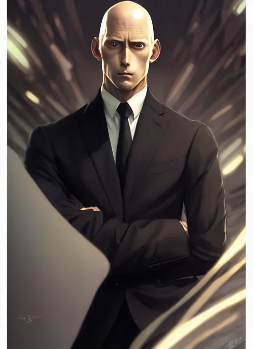 Image similar to ultra realistic illustration, handsome saitama. elegant, black suit, highly detailed, digital painting, artstation, concept art, smooth, sharp focus, illustration, art by artgerm and greg rutkowski and alphonse mucha and wlop