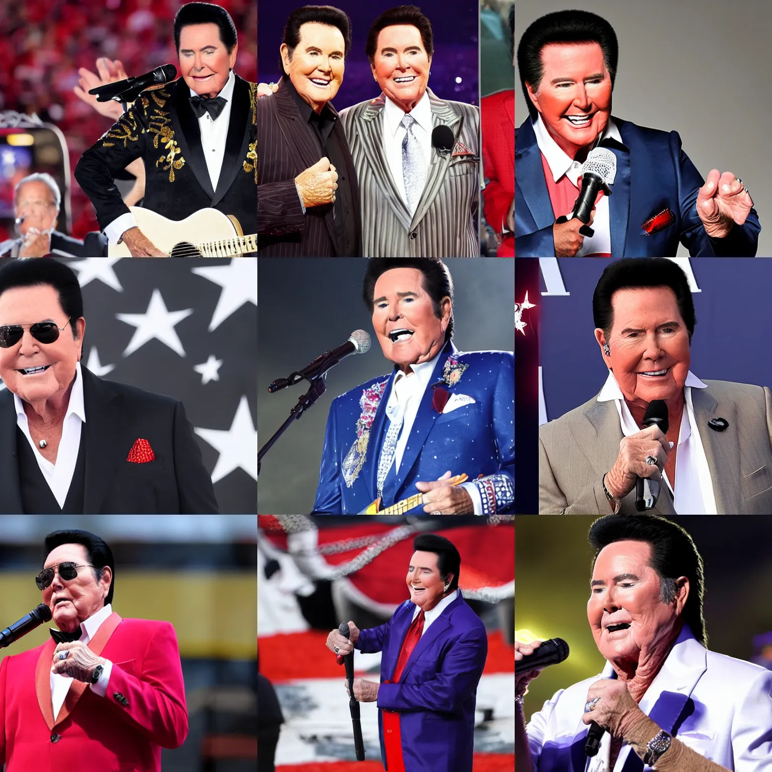 Prompt: wayne newton performs national anthem at american football game, realistic