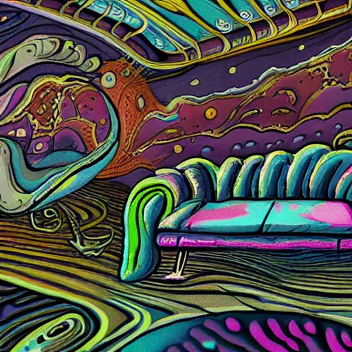 Image similar to couch sofa chesterfield flying through space psychedelic trippy eldritch horror cartoon