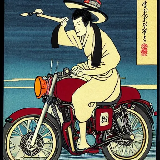 Prompt: a man wearing a cowboy hat riding a royal enfield classic 3 5 0 halcyon in feudal japan, ukiyo - e style