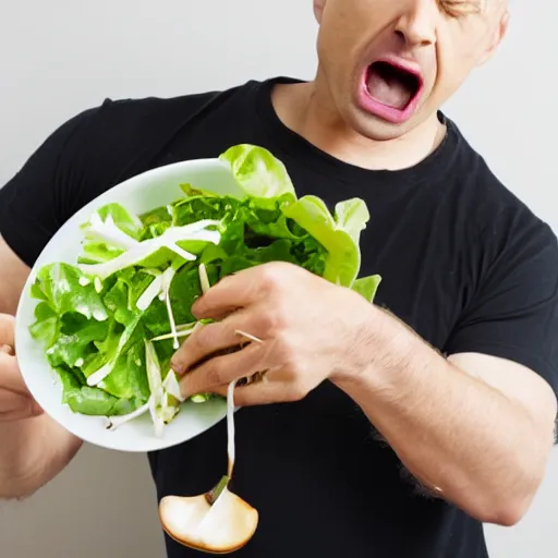 Prompt: man angrily eating salad, studio photography