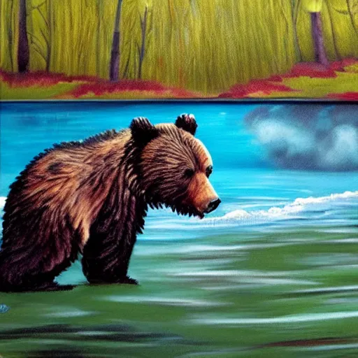 Prompt: grizzly bear cub chilling in a hot tub, calming, nature, painting, bob ross.