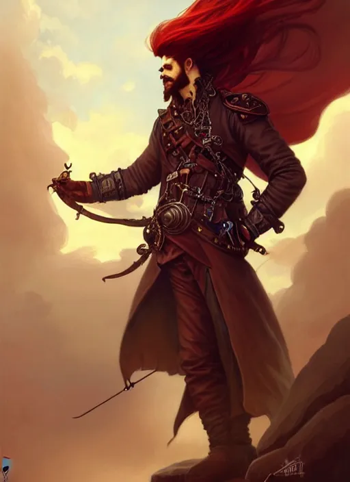 Image similar to full body shot of male airship pirate, D&D, handsome, fantasy, intricate, long hair, airship, steampunk, red hair, elegant, highly detailed, digital painting, artstation, concept art, smooth, sharp focus, illustration, art by artgerm and greg rutkowski and alphonse mucha