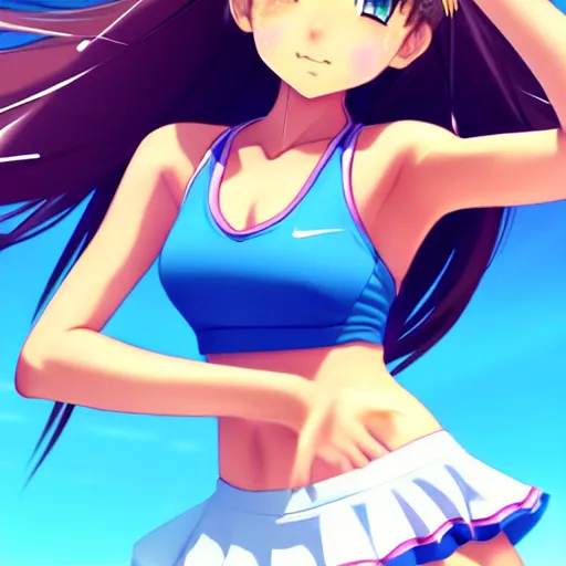 Image similar to a very beautiful young anime tennis girl, full body, long wavy blond hair, sky blue eyes, full round face, short smile, bikini, miniskirt, front view, mid - shot, highly detailed, cinematic wallpaper by stanley artgerm lau