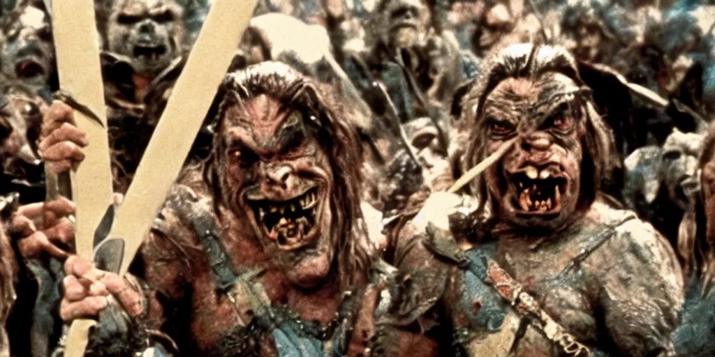 Image similar to A full color still from a Stanley Kubrick film featuring an actor dressed as angry Orcs, waving swords, closeup, 35mm, 1970