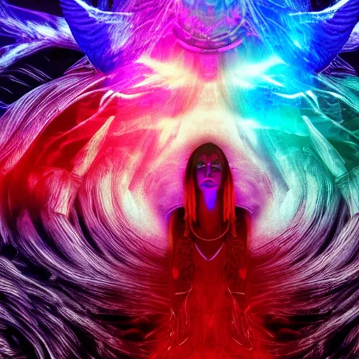 Prompt: psychedelic fantasy, caucasian, native american, european, asian, australian, brown hair with red and blue highlights, in a cinematic wallpaper, glitch effects, dissolve effects, noise, halo / nimbus, devils horns, angel wings, raven wings, hdr 8 k dop dof