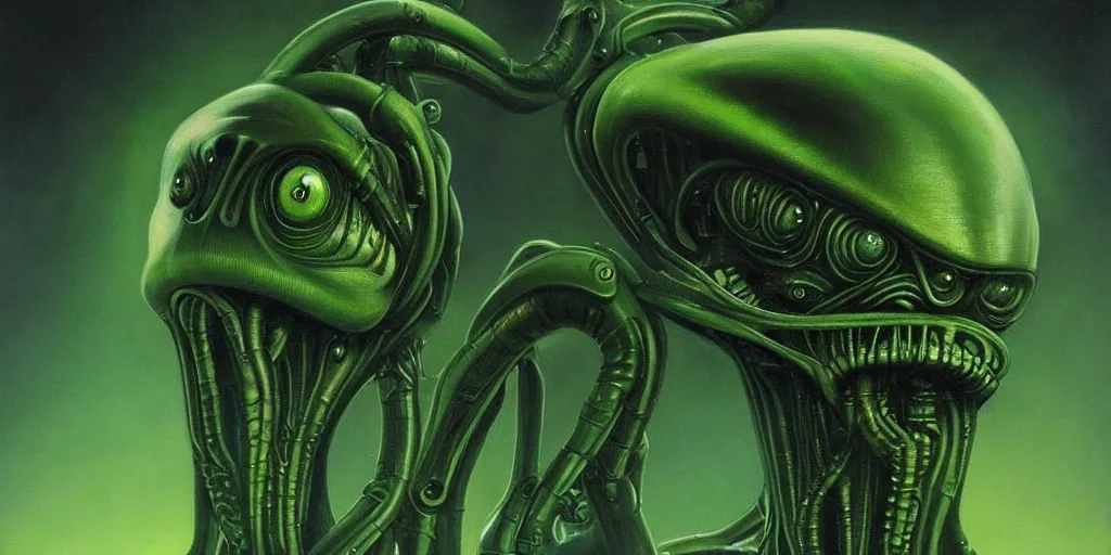 Image similar to a painting of a alien creature with a green background, an ultrafine detailed painting by h. r. giger, artstation, space art, reimagined by industrial light and magic, # vfxfriday, cosmic horror