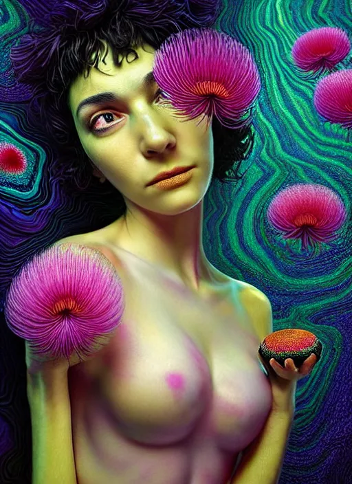 Image similar to hyper detailed 3d render like a Oil painting - Ramona Flowers with wavy black hair wearing thick mascara seen out Eating of the Strangling network of colorful yellowcake and aerochrome and milky Fruit and Her staring intensely delicate Hands hold of gossamer polyp blossoms bring iridescent fungal flowers whose spores black the foolish stars by Jacek Yerka, Mariusz Lewandowski, silly face, Houdini algorithmic generative render, Abstract brush strokes, Masterpiece, Edward Hopper and James Gilleard, Zdzislaw Beksinski, Mark Ryden, Wolfgang Lettl, Dan Hiller, hints of Yayoi Kasuma, octane render, 8k