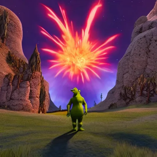 Prompt: Shrek t-posing in front of a big explosion, photorealistic