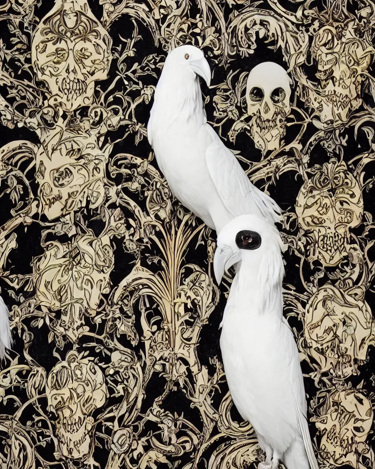 Image similar to photographic masterpiece of an albino raven standing on a colourful ornate skull on a black velvet table cloth, art nouveau wallpaper in background