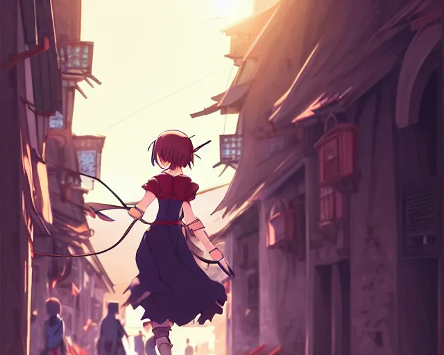 Image similar to anime visual, portrait of a young female walking through a busy medieval village, yoshinari yoh, dynamic pose, dynamic perspective, detailed silhouette, cel shaded anime