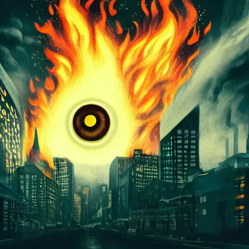 Image similar to Dark powerful creature all on fire with only one eye, destroying city, old art