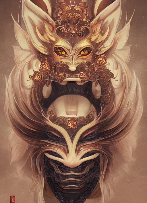 Prompt: a beautiful detailed oil on copper art illustration of a japanese hannya kitsune mask woman, the mask is broken, centered, by charlie bowater, zeng fanzh, trending on artstation, dim dusk lighting, cinematic lighting, detailed lighting, volumetric lighting, realistic, f 8, 4 k hd wallpaper