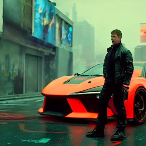 Prompt: cyberpunk street racer wearing black jacket standing next to red Lan Evo X 2077 FRS GTR R35 S15 NSX scene from Bladerunner 2049 Roger Deakins Cinematography movie still 2017