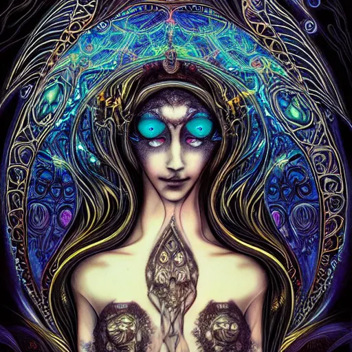 Prompt: a beautiful depiction of the goddess Lilith, mystical third eye, dressed in flowing black clothing, black fractal filigree, by James Jean, by Dan Seagrave, occult, stunning, psychedelia
