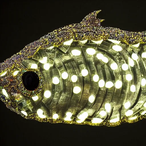 Image similar to A diamond encrusted killer anglerfish with jeweled teeth, the esca light is a minature vegas casino