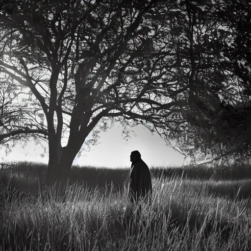 Prompt: old prophet wandering about a meadow. silhouetted. harsh sunlight. radiant glow. backlighting. iso 1 5 0