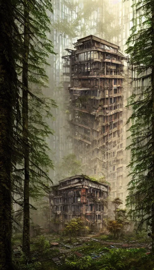 Image similar to a beautiful ultradetailed render of city building unfinished building urbex industrial architecture dormitory by antoine predock, wilderness mars steampunk reclaimed by nature forest tundra rainforest postcyberpunk myst, archdaily, wallpaper, highly detailed, trending on artstation.