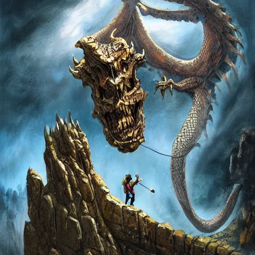 Image similar to rock climber climbing a giant ancient dragons skull, very detailed, fantasy art, dungeons and dragons, belaying, ropes, landscape, cover of national geographic