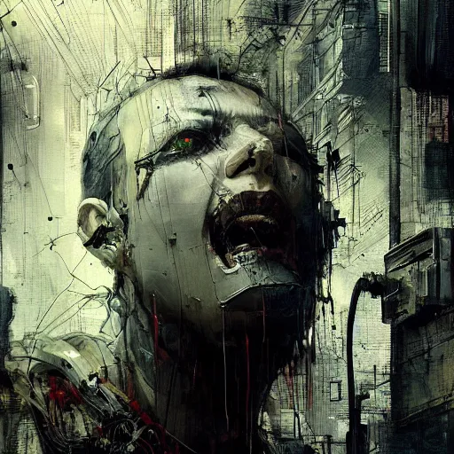 Image similar to screaming cyberpunk, wires, machines by emil melmoth zdzislaw belsinki craig mullins yoji shinkawa realistic render ominous detailed photo atmospheric by jeremy mann francis bacon and agnes cecile ink drips paint smears digital glitches glitchart