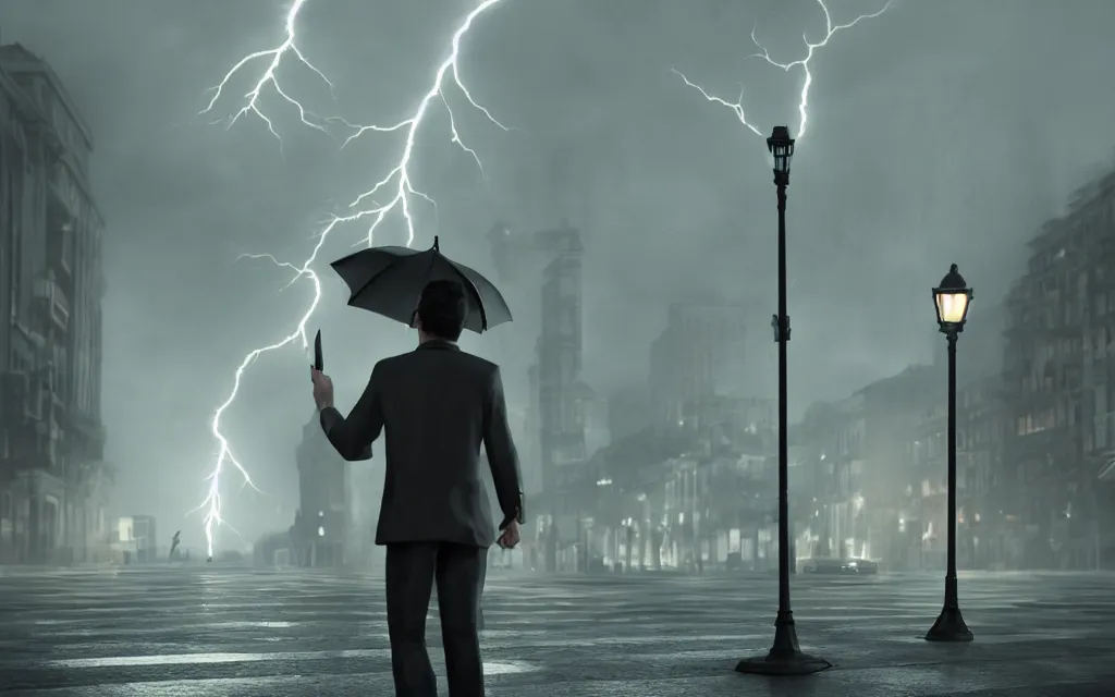 Prompt: lightning hitting man with umbrella standing on the street, atmospheric, mist, epic, photorealistic, realistic, rule of thirds, extremely detailed, 4 k, 8 k, unreal engine 5 render, rim lighting, rtx, ray traced lighting, shot on 3 5 mm, film grain