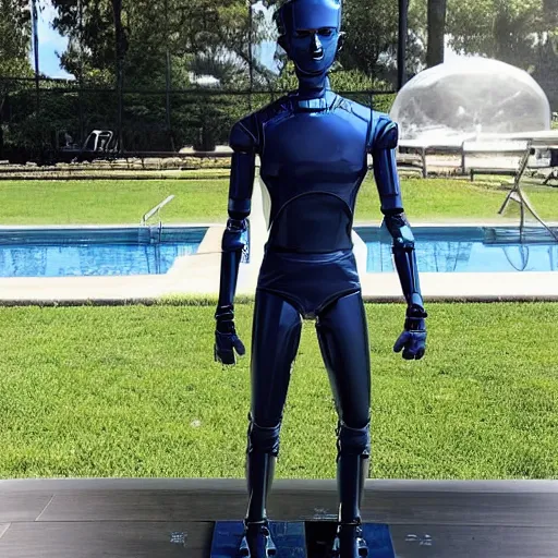 Image similar to a realistic detailed photo of a guy who is an attractive humanoid who is half robot and half humanoid, who is a male android, soccer player martin ødegaard, shiny skin, posing like a statue, blank stare, by the pool, on display, showing off his muscles, humanoid robot, frozen ice statue