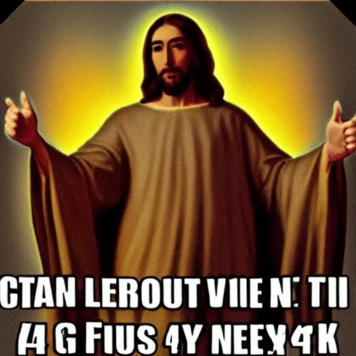 Image similar to “Jesus giving thumbs up, meme style, with bottom and top text, Bottom text saying, Bottom text, 4K”