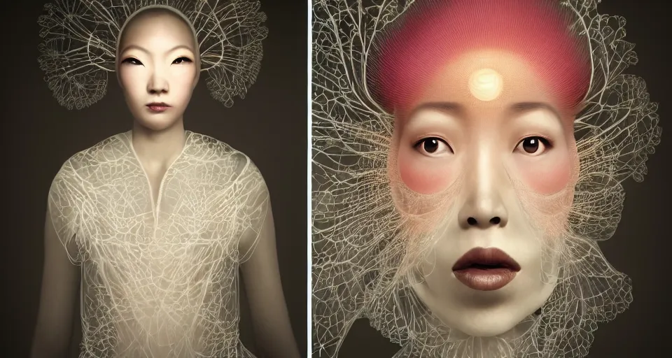 Image similar to closeup shot of asian female wearing a luminous soft fragile jelly fish dress, symmetrical face, by ray caesar, by louise dahl wolfe, by andrea kowch, by anna claren, surreal photography