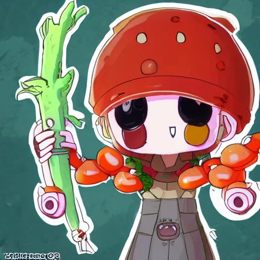 Image similar to cute human robot with big tomato hat and a carrot sword, made in abyss style