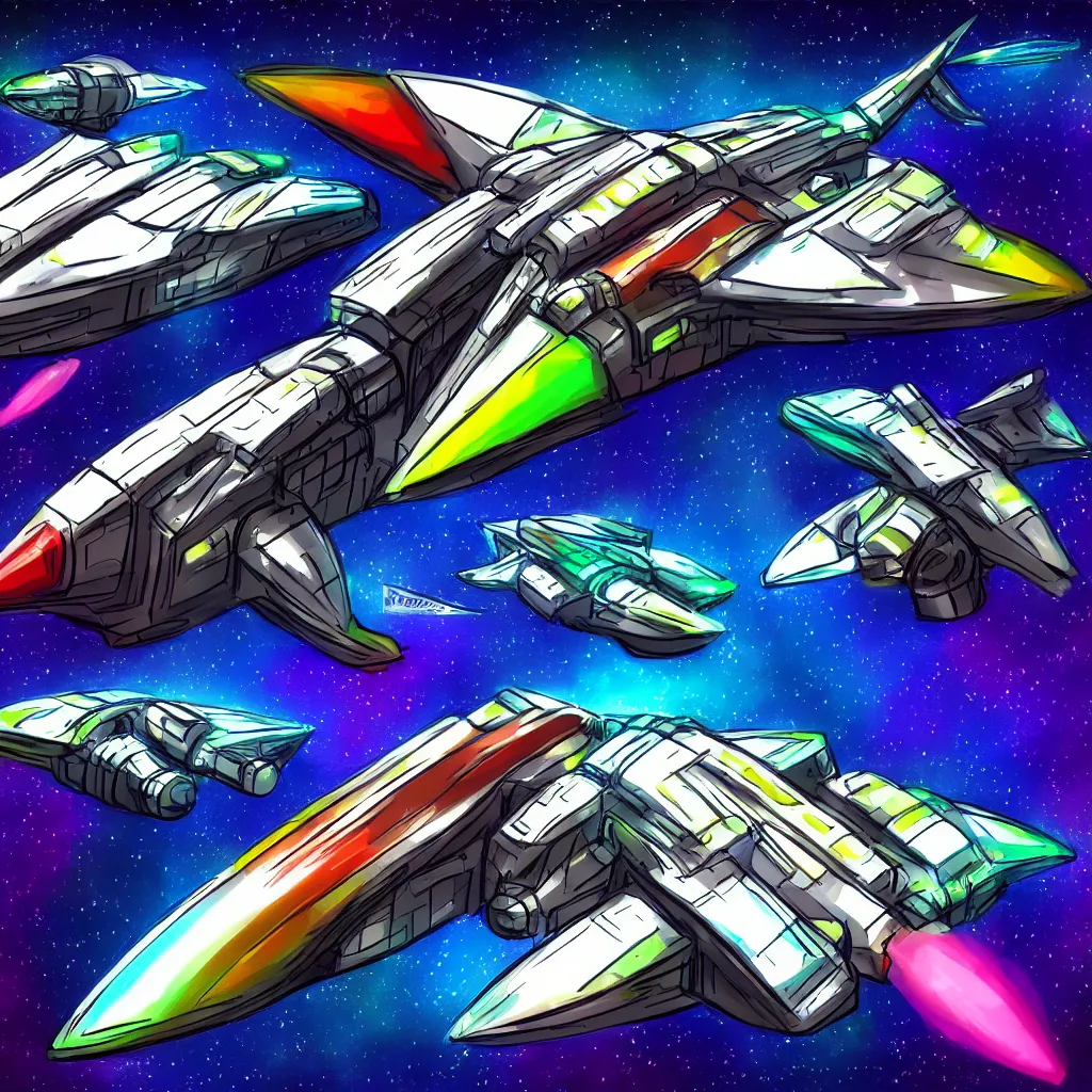 Image similar to combat spaceship concept art colorful