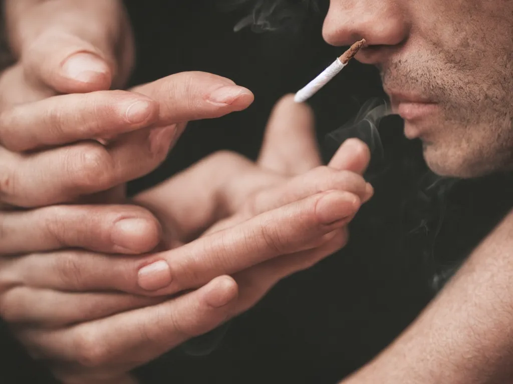 Prompt: Close-up view of hyperrealistic thin soft hand holding cigarette with smoke, photo by Marion Berrin, 4K