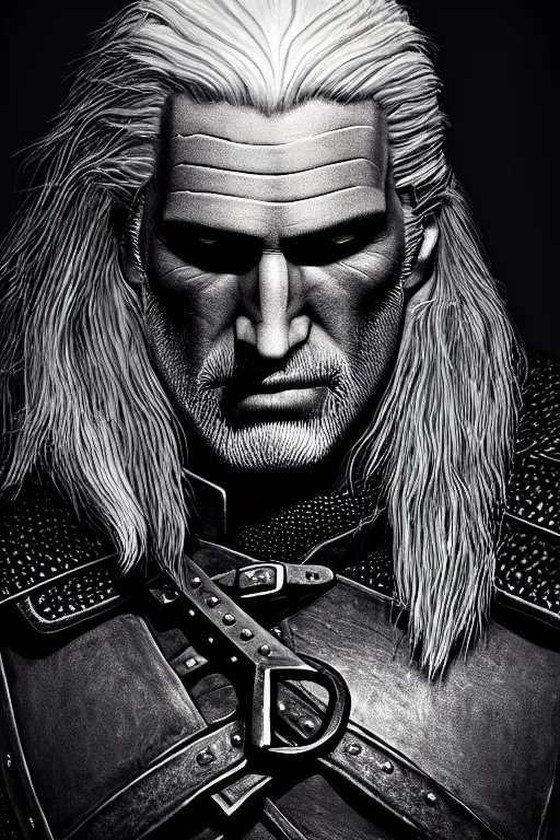 Image similar to portrait of geralt of rivia, 5 5 mm lens, professional photograph, black and white, times magazine, serious