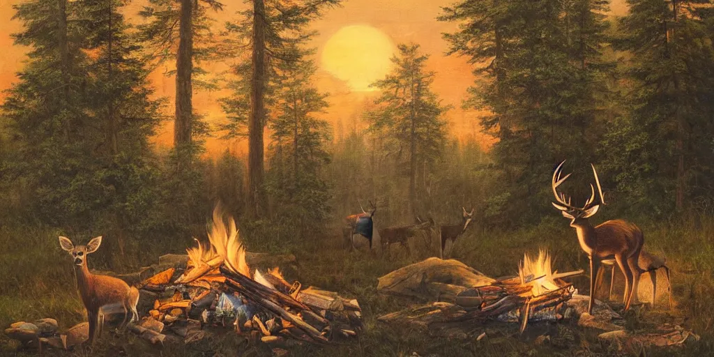 Prompt: A deer sitting next to a campfire in the forest. The deer is holding a cup of tea, watching the sunset, highly detailed painting