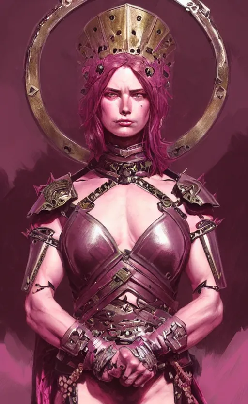 Prompt: Gothic muscular warrior queen in pink and black mythical heavy armor of thick steel plates, fantasy, highly detailed, digital painting, artstation, concept art, smooth, sharp focus, illustration, art by artgerm and greg rutkowski and alphonse mucha