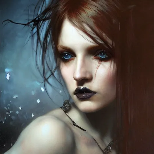 Image similar to dark goth queen with blue eyes, dark fantasy, hyperrealistic portrait, art of elysium by jeremy mann and alphonse mucha, dark fantasy illustration, fantasy art, photo realistic, dark, goth, artstation, ginger hair, dynamic lighting, very detailed face, 4 k, award winning