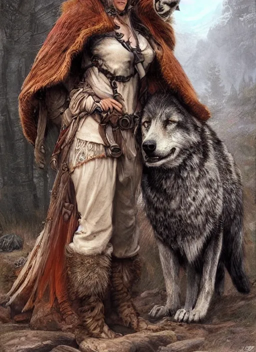 Image similar to digital _ painting _ of _ a female druid with her wolf companion _ by _ filipe _ pagliuso _ and _ justin _ gerard _ symmetric _ fantasy _ highly _ detailed _ realistic _ intricate _ port