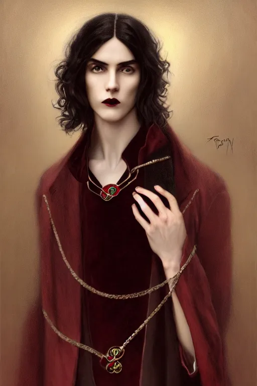 Image similar to a beautiful androgynous man, long thick dark hair, deep brown eyes, vampire, dressed in velvet, wearing a ruby pendant, illustration, dramatic lighting, soft details, painting oil on canvas, art nouveau, octane render, HDR, 4k, 8k, HD, by Edmund Blair Leighton, Brom, Charlie Bowater, faces by otto schmidt