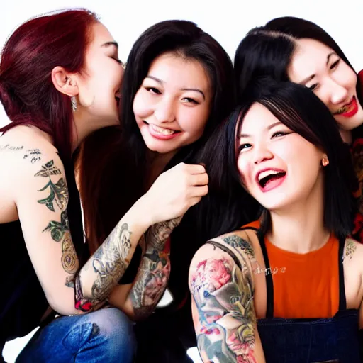 Image similar to large group of young eurasian women, tattoos, laughing, drinking wine, taken in photo studio, photorealistic, 8k,