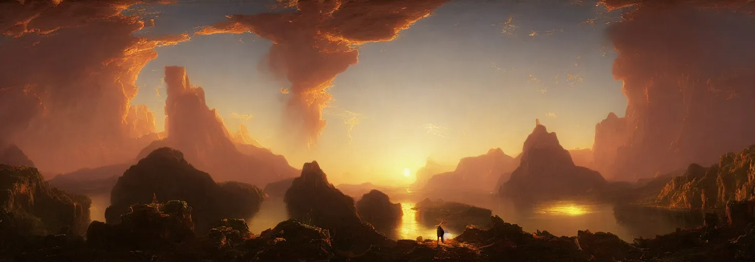 Prompt: a surreal and awe-inspiring thomas cole and albert Bierstadt digital art panoramic landscape painting at sunset of Icarus in a firey tailspin while Daedalus looks on in disbelief, unreal engine, 4k, matte