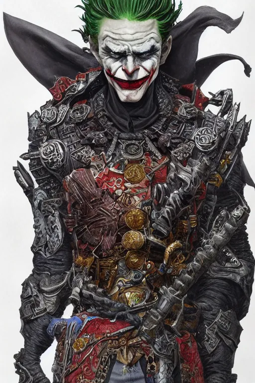 Prompt: full body concept art of Joker wearing samurai armor made with porcelain by Jeff Easley and Peter Elson + beautiful eyes, beautiful face + symmetry face + galaxy + gothic, surreal, dread + highly detailed, intricate complexity, epic composition, magical atmosphere + masterpiece, award winning + trending on artstation