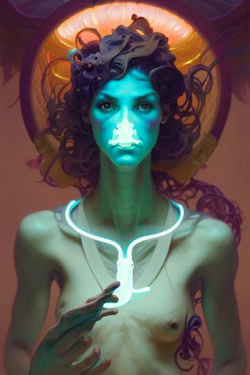 Image similar to portrait, bioluminescent creature, elegant baroque, asymmetrical art, hyperrealism, colorful, vivid, imposing, epic, digital painting, artstation, concept art, by peter mohrbacher and wlop and rhads and artgerm and magali villeneuve and alphonse mucha