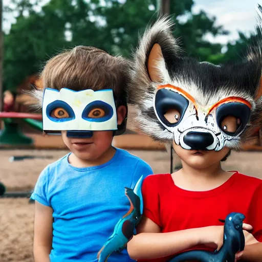 Image similar to photo realistic children on a playground wearing different animal masks,