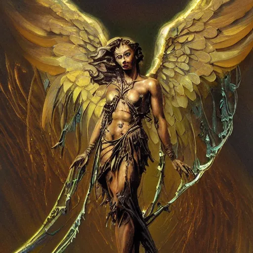 Prompt: fantasy painting of winged bronze angel surrounded by cobwebs, illustration painting, frank frazetta daarken