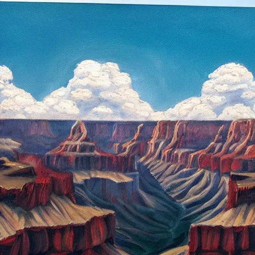 Prompt: “a group of king penguins walks along the edge of the Grand Canyon, epic landscape oil painting by mark maggiori, giant cumulonimbus clouds in the sky”