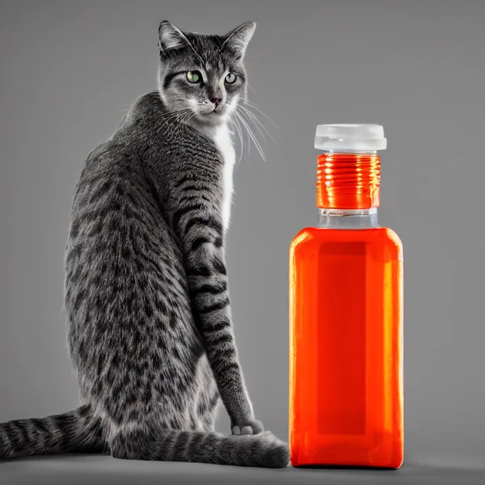 Image similar to a cat standing next to a bottle of medicine. the cat was orange in color. animal. digital art. pixabay. shutterstock. artstation.